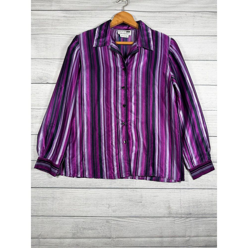Vintage Leslie Fay Haberdashery Women’s 12 Purple Striped Satin Blouse 4225
